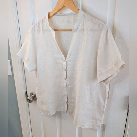 Pou Nou Spain Linen Blouse Short Sleeve Cream 4 - Picture 8 of 10